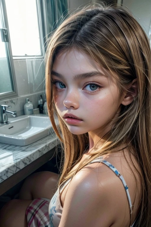 (masterpiece), best quality, expressive eyes, perfect face, brown hair with blonde highlights, very long wet hair, close-up,, (little nipples), pussy, bold eyebrows, bold eyelashes, girl sitting in bathtub , nude, 