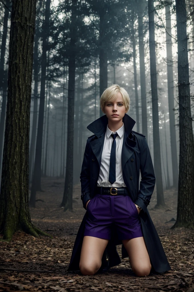 Make a girl blonde blue eyes white short hair, is in a dark and spooky forest with a dark fog. He has an elegant black trench coat uniform with gold details.. He is kneeling and releasing purple energy