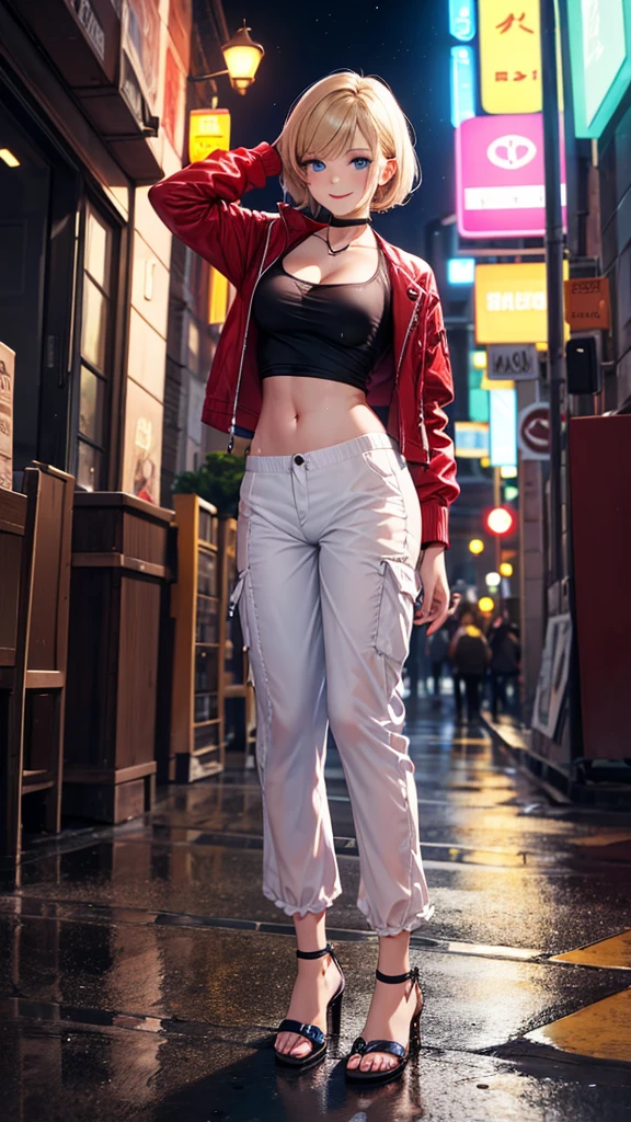 Top quality, realistic, night city, wet ground, neon lights, backlighting, (1 adult female), small breasts, short hair, shiny red lips, closed mouth, sexy pose, blue topaz eyes, slanted eyes, smiling face, cleavage, hip bones, nylon jacket, detailed pattern, loose fitting t-shirt, low rise, loose fitting nylon pants, high heel sandals,