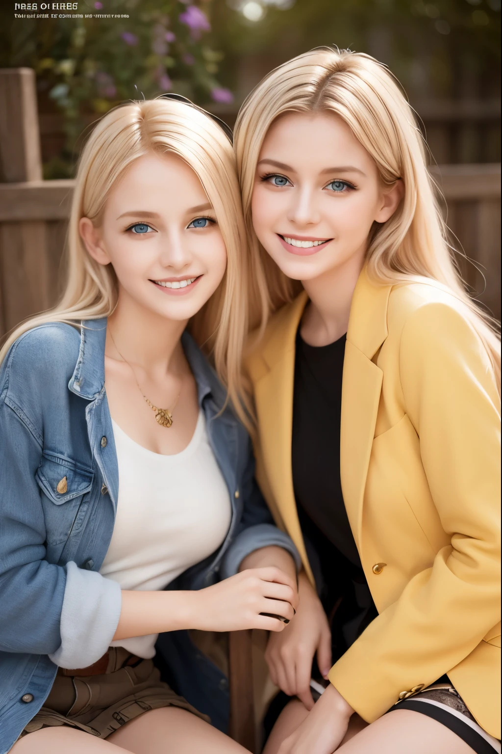 A mother and daughter yellow hair blue eyes on a magazine cover, vibrant colors, high-resolution, realistic portrayal, fashion-forward, loving bond, trendy attire, captivating smiles, natural beauty, professional lighting, contemporary style, artistic composition