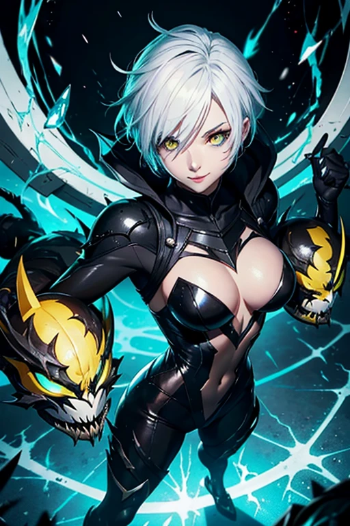 League of legends character riven in venom suit, white hair, yellow eyes, black suit, black bunny suit, venom suit, looking to the camera, smile, holding the camera, sexy body
