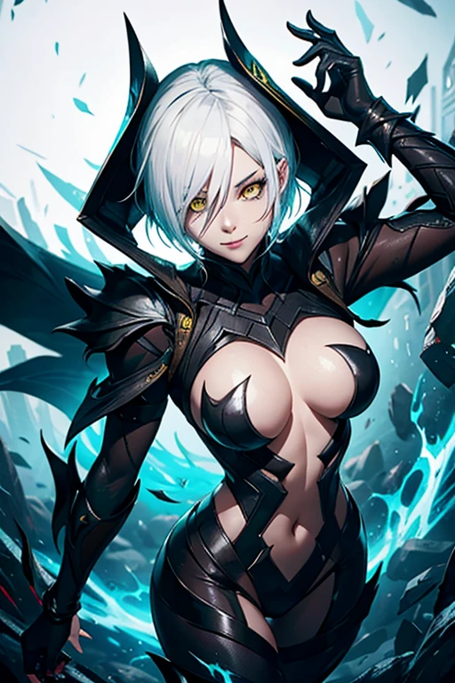 League of legends character riven in venom suit, white hair, yellow eyes, black suit, black bunny suit, venom suit, looking to the camera, smile, holding the camera, sexy body