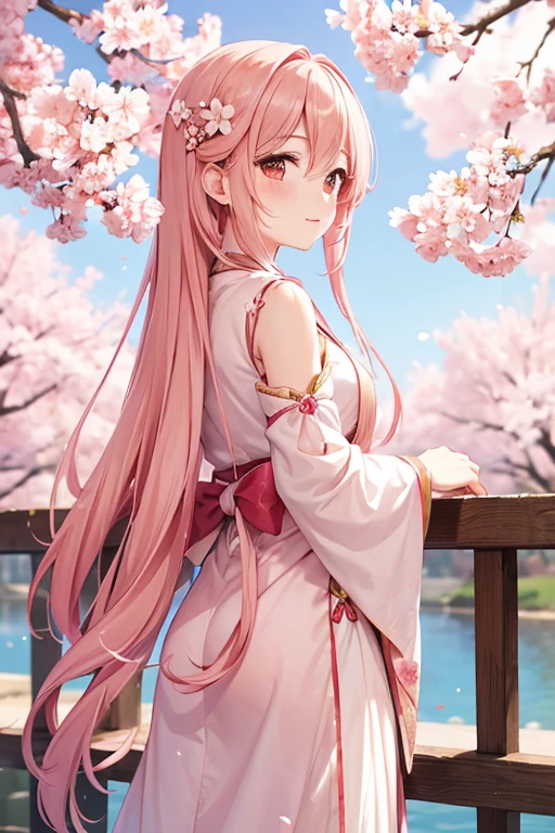 Long Straight Pink Peach Blossom Hair,Wearing a pale pink antique Han costume,Holding cherry blossom branches,Background, beautiful cherry blossom trees dotted with cherry blossoms,she's a sweet girl who stands tall