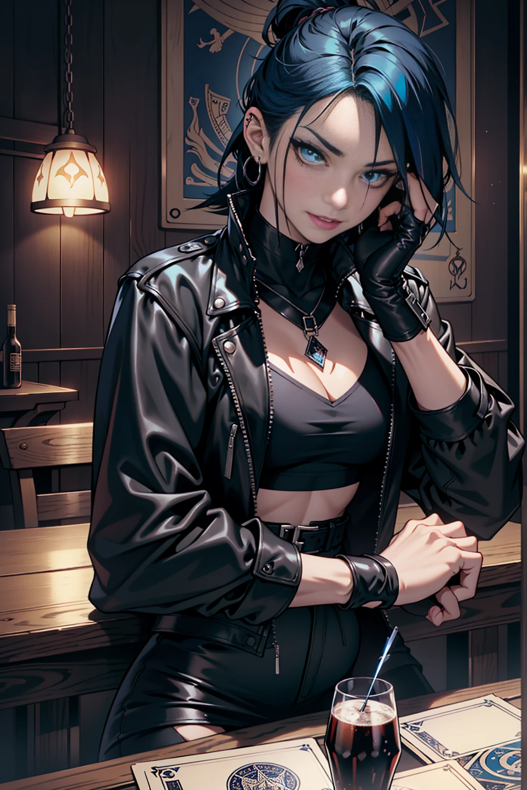 Goth girl 1girl, solo, An older woman, punk hair style, medium black hair with a blue streak, blue in hair, blue eyes, clear skin, wearing make-up, medium breasts, fangs, vampire, wearing a black leather jacket, wearing a small white top, black fingerless gloves, holding a deck of tarot cards, sitting at table, dim lighting, night time, inside a tavern, tarot cards on table