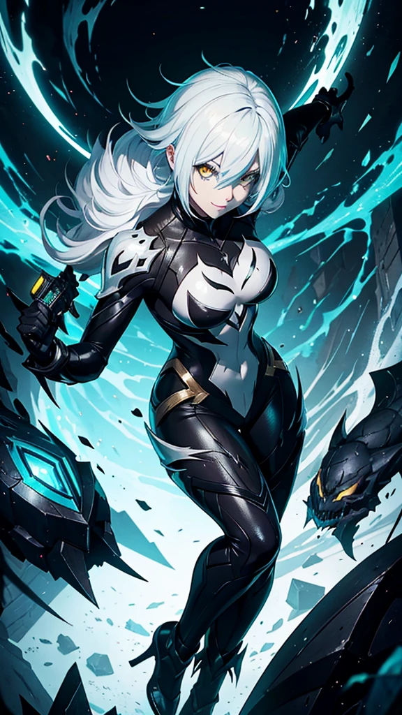 League of legends character riven in venom suit, white hair, yellow eyes, black suit, black bunny suit, venom suit, looking to the camera, smile, holding the camera, sexy body