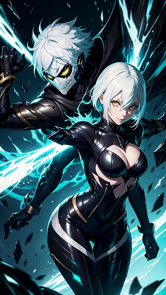 League of legends character riven in venom suit, white hair, yellow eyes, black suit, black bunny suit, venom suit, looking to the camera, smile, holding the camera, sexy body