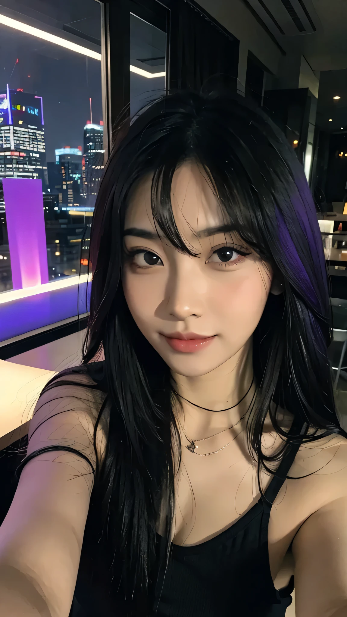 (selfie), realistic photo of a asian girl, ((black and purple hair)), in a luxorious bar, (detailled face feature), ((real life face))