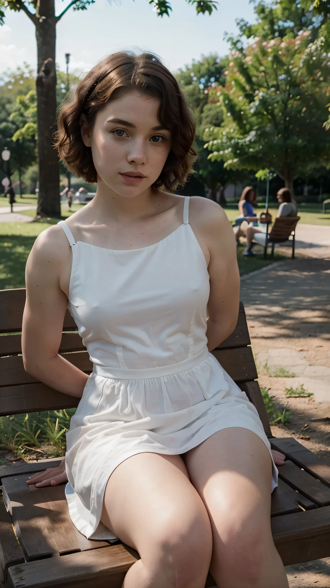 Sophia Lillis, thick body, short wavy hair, extra pale skin, freckles, sitting at the park, wearing dress