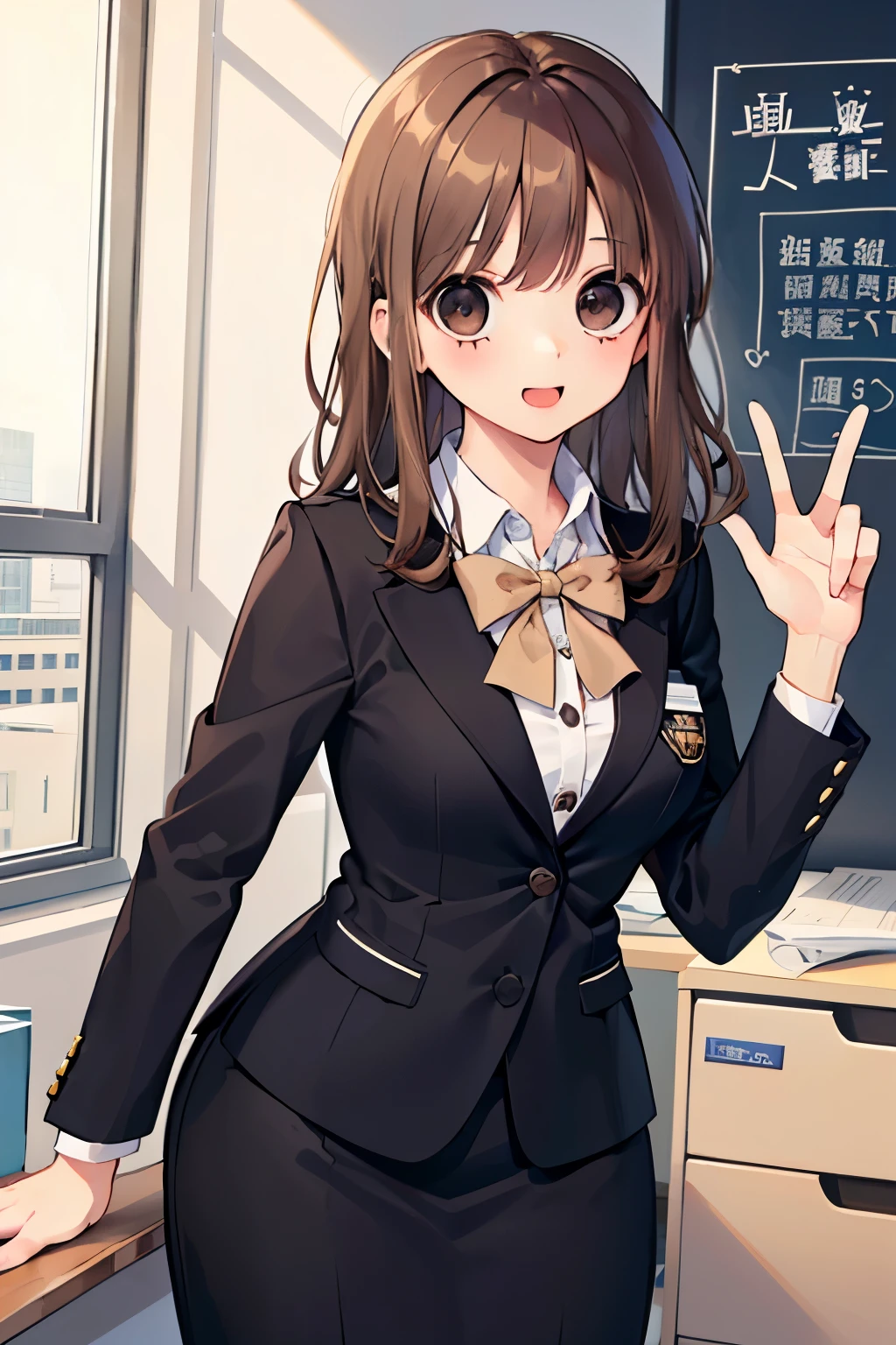 beautiful cute girl,((brown hair:1.2)),(Medium wave hair:1.1),(beige eyes:1.2),(office Lady:1.25),(uniform suit:1.2),((check pattern costume:1.0)),((lace:1.2)),(首を傾げる:1.3),((Happiness:1.1)).