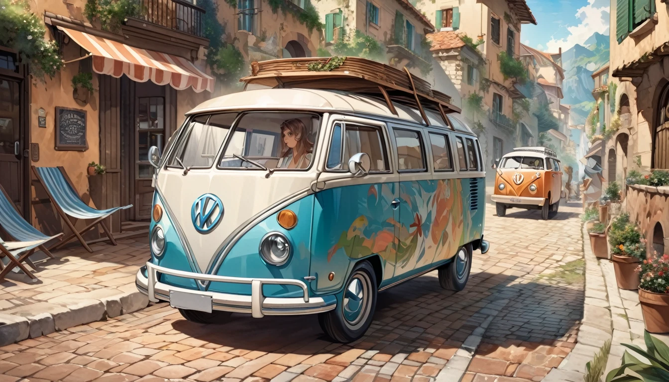 A picture of a van parked on a cobblestone street near the building., The only VW bus on the road, beautiful retro art, by Bencho Obreshkov, Colourful and detailed, 8k)), happy italian beach scene, Watercolor style, super Realistic painting style, Detailed 4K painting, Realistic painting style, Awesome Wallpapers,There is no one,Only one car、masterpiece