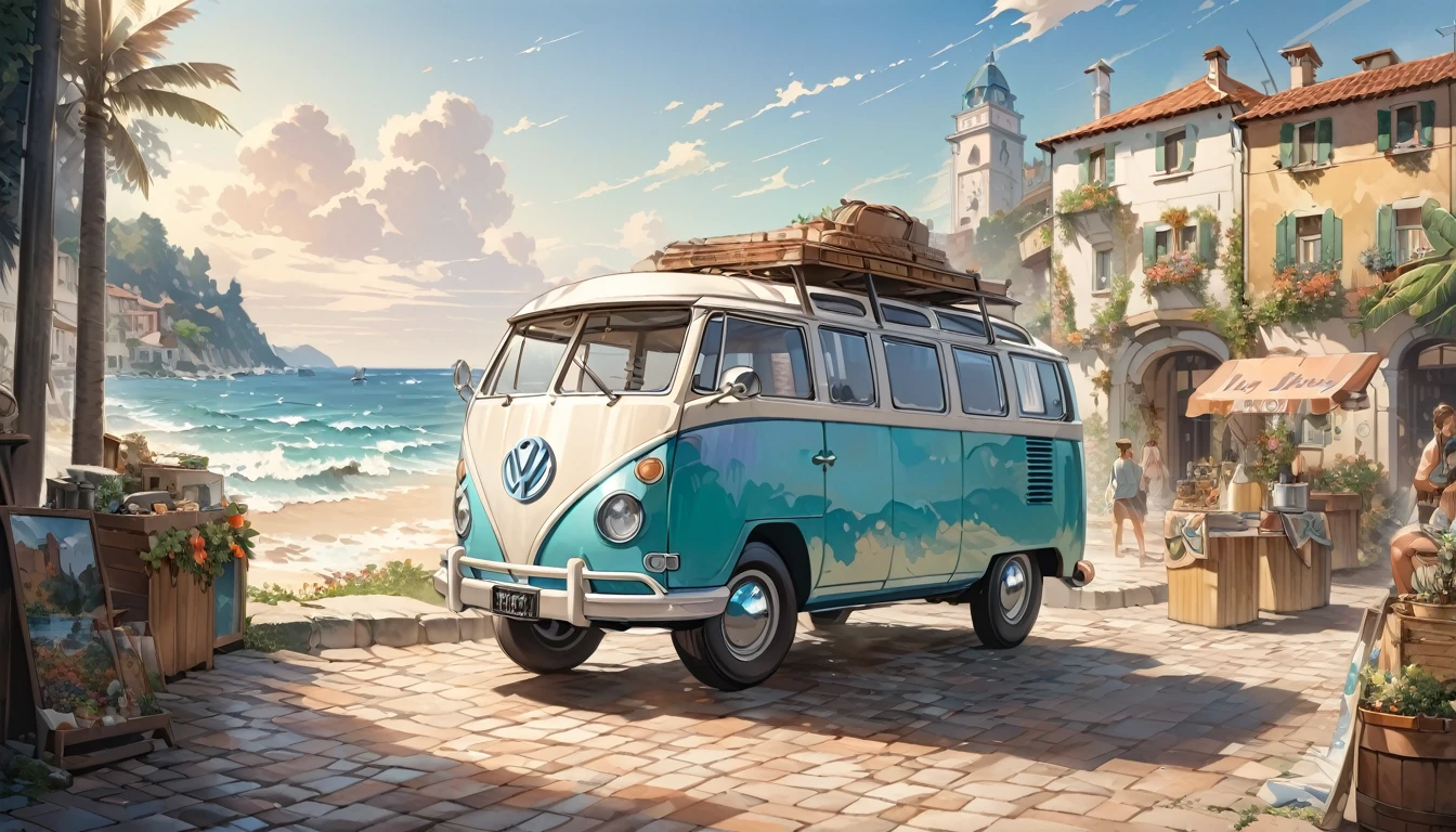 A picture of a van parked on a cobblestone street near the building., The only VW bus on the road, beautiful retro art, by Bencho Obreshkov, Colourful and detailed, 8k)), happy italian beach scene, Watercolor style, super Realistic painting style, Detailed 4K painting, Realistic painting style, Awesome Wallpapers,There is no one,Only one car、masterpiece