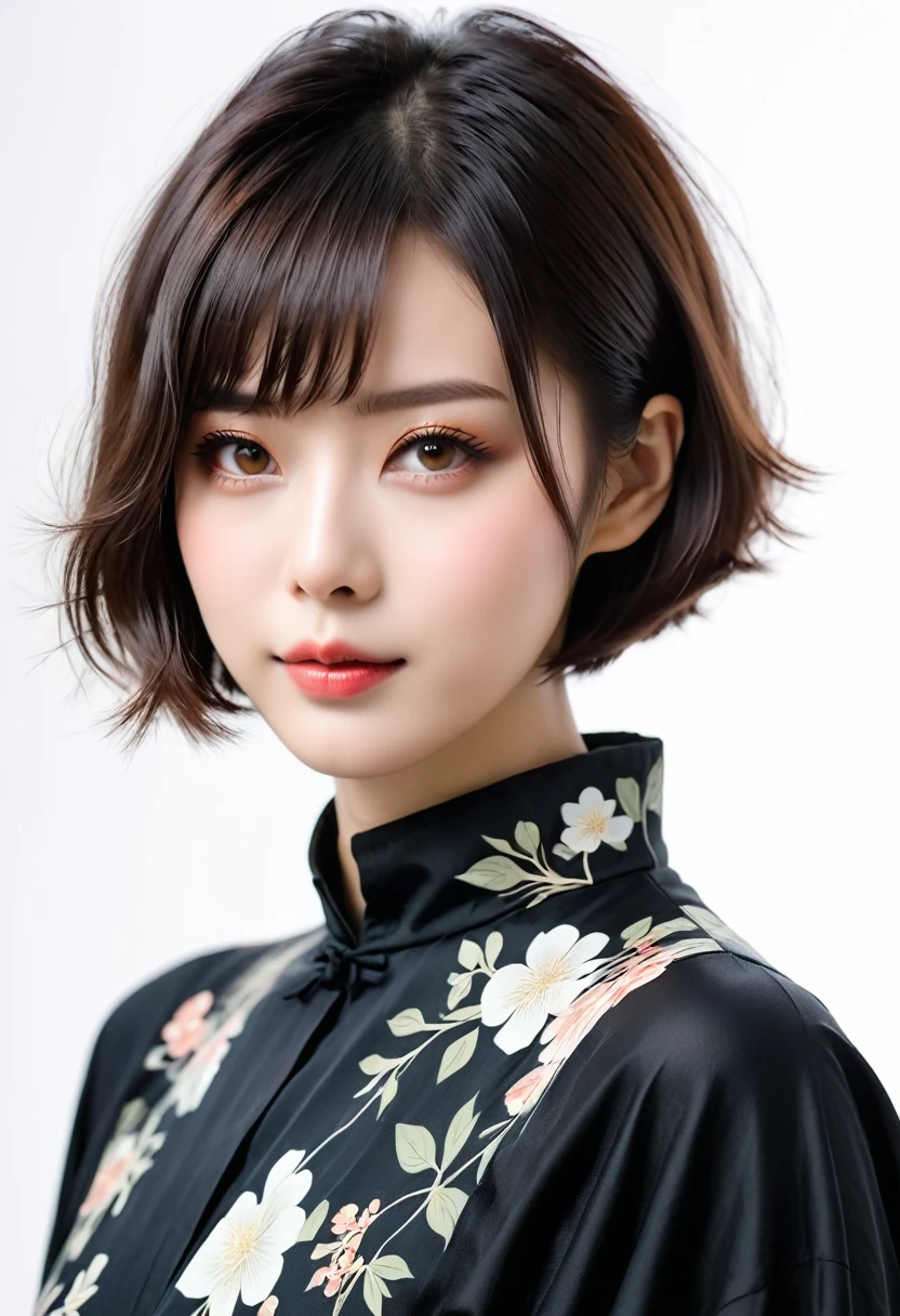 beautiful Japanese woman with short hair , white background