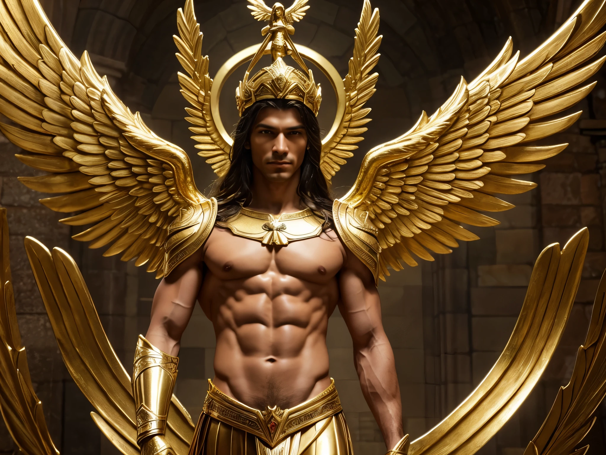 Archangel Chamuel、The Archangels、masterpiece,Best Quality,Ultra-detail,hight resolution,hight resolution,4K,Portrait in 4K,8k,8k Portrait,Unity 8k Wallpaper,extremely details CG,Realistic,Raw photo,real person,a portrait photo of,Photorealistic,Shiny skin,Detailed skin. Create hyper-realistic highly detailed lifelike image, of Archangel Chamuel looks in his mid 30s, with a Japanese appearance and long, flowing, wavy black hair. He wears gold-plated armor on his shoulders and has six large wings on his back, signifying his status as one of God's Holy angels. Archangel Chamuel has chiseled and firm abs, and his beauty is otherworldly as he is a Celestial being. Standing at a towering 7'8" with a muscular build and large biceps, he exudes strength and fierceness. Enchanting with the glory of God illuminating from his body, Archangel Chamuel flies over the river in the Garden of Eden, then lands and walks around, ensuring all is going smoothly with God's creation in the garden. Archangel Chamuel flies over the river in the Garden of Eden, then lands and walks around, ensuring everything is going smoothly with God's creation.