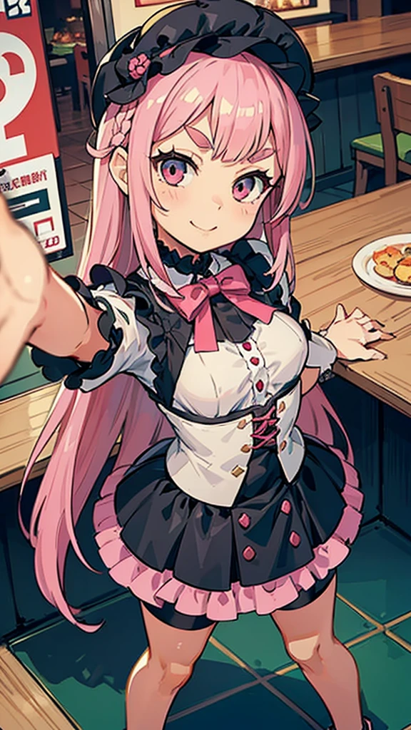 Girl with pink hair, long double-tailed hairstyle, ((small pink bushy eyebrows)), wearing lolita clothing, marked vagina, lolicon (Zankuro) drawing style by zankuro artist, Zancro style, image uploaded to R34, flirty smile , ((showing the pubes)) in a restaurant, facing the camera, camera from above, looking with a very flirtatious face, with her breasts out, inviting to have sex with her legs open, stretching her hands to be taken in her arms