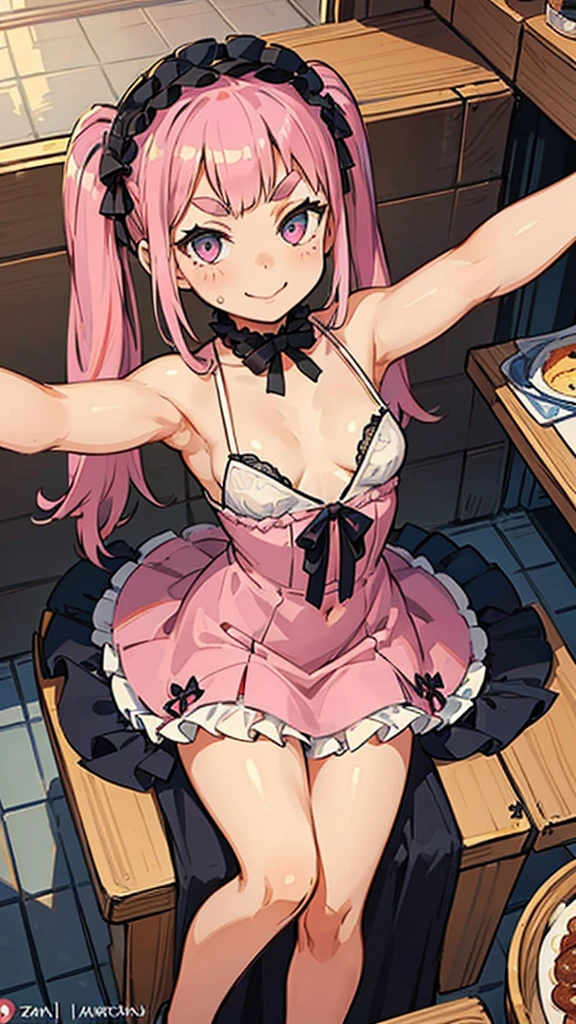 Girl with pink hair, long double-tailed hairstyle, ((small pink bushy eyebrows)), wearing ta clothing, marked vagina, loli(Zankuro) drawing style by zankuro artist, Zancro style, image uploaded to R34, flirty smile , ((showing the pubes)) in a restaurant, facing the camera, camera from above, looking with a very flirtatious face, with her breasts out, inviting to have sex with her legs open, stretching her hands to be taken in her arms