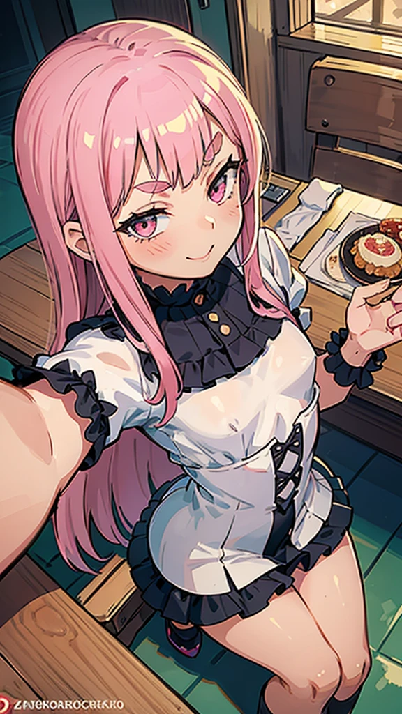 Girl with pink hair, long double-tailed hairstyle, ((small pink bushy eyebrows)), wearing lolita clothing, marked vagina, lolicon (Zankuro) drawing style by zankuro artist, Zancro style, image uploaded to R34, flirty smile , ((showing the pubes)) in a restaurant, facing the camera, camera from above, looking with a very flirtatious face, with her breasts out, inviting to have sex with her legs open, stretching her hands to be taken in her arms