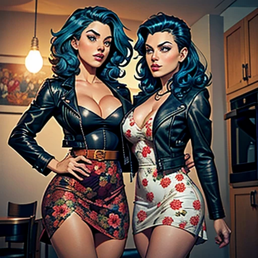 blue curly hair. Deep dark and energetic coffee eyes. She wears a floral dress and a leather jacket.. busty. comic style, Marvel Comics( Two lesbians)