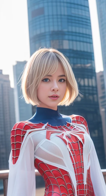 (One girl: 1.3), alone, beautiful face, (((extremely Detailed face))),(((extremely Detailed face and eyes)),beautiful detailed eyes, Body parts__, Official Art, 8k unified wallpaper, Very detailedな, beautiful and aesthetic, beautiful, masterpiece, 最high quality, born, masterpiece, Ultra-thin photo, 最high quality, Ultra-high resolution, photorealistic realism, sunlight, Full body portrait, Great beauty, short blonde haircut, Dynamic pose, Delicate face, Bright blue eyes, (from the front), She is wearing a nylon outfit (inspired by Spiderman costume), Cosplay ('/snow/'), red, Transparent white and black color scheme, Top floor of a skyscraper, Very detailed, Detailed face, Detailed, intricate and busy background, Messy, beautiful, milky, Very detailedな肌, Realistic skin detail, Visible pores, Sharp focus, Volume Mist, 8K Ultra HD, Digital SLR, high quality, Film Grain, Fair skin, Photorealism, Lomography, Future dystopian megacity, View from below, translucent