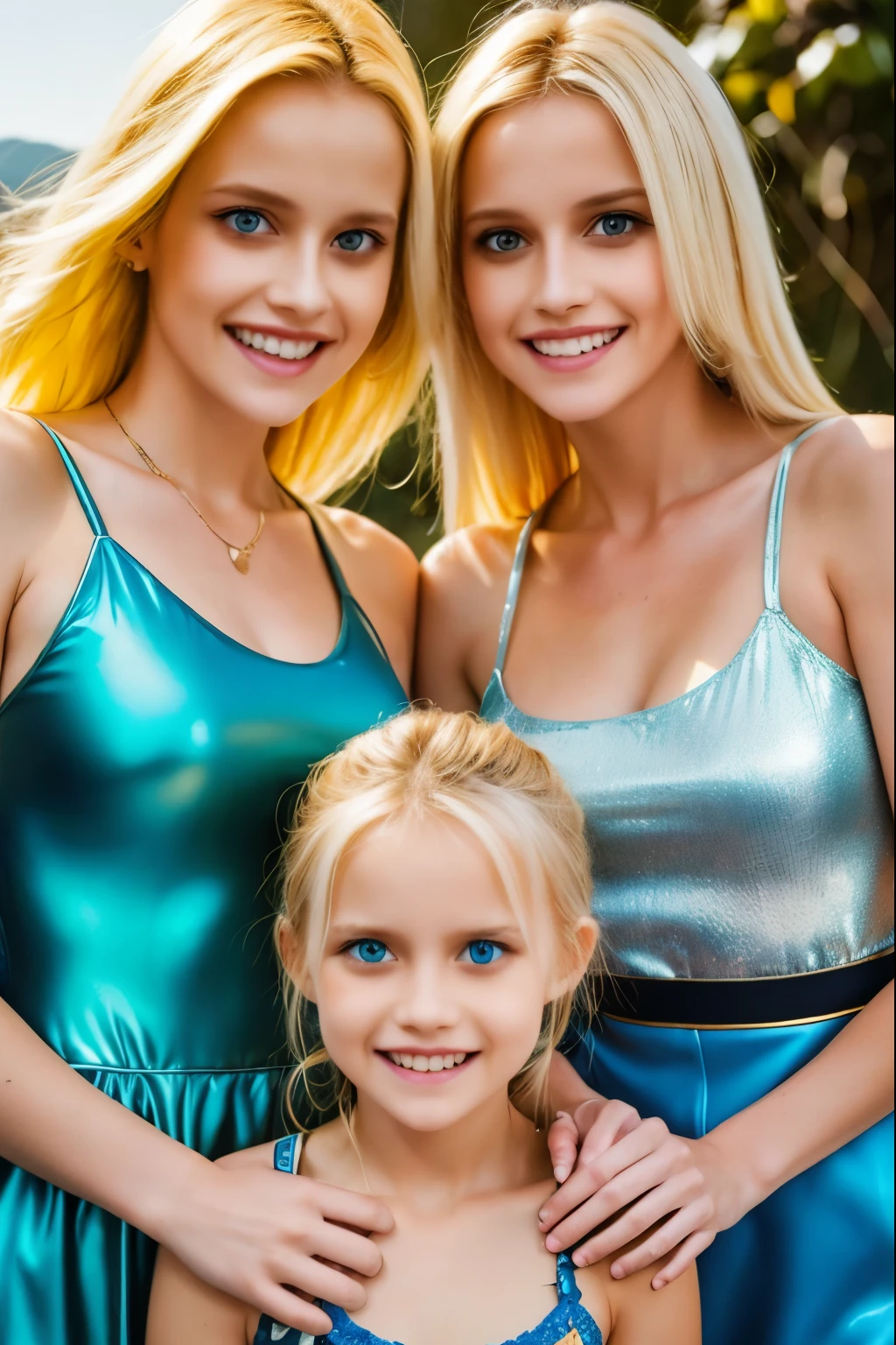 girls blonde children WITH STRAIGHT HAIR, BACKGROUND blue peroil, ice very ice.