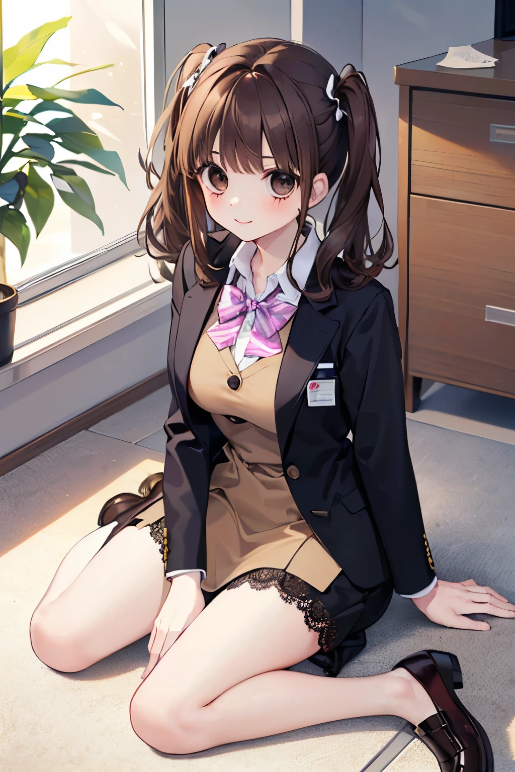 beautiful cute girl,((brown hair:1.2)),(Medium wave hair:1.1),(beige eyes:1.2),(office Lady:1.25),(uniform suit:1.2),((check pattern costume:1.0)),((lace:1.2)),(首を傾げる:1.3),((Happiness:1.1)), (sitting on the floor with one's legs tucked under to one side:1.15)