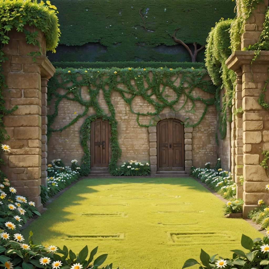 Labyrinth and walls with vines, surrounded by a vast plantation of daisies