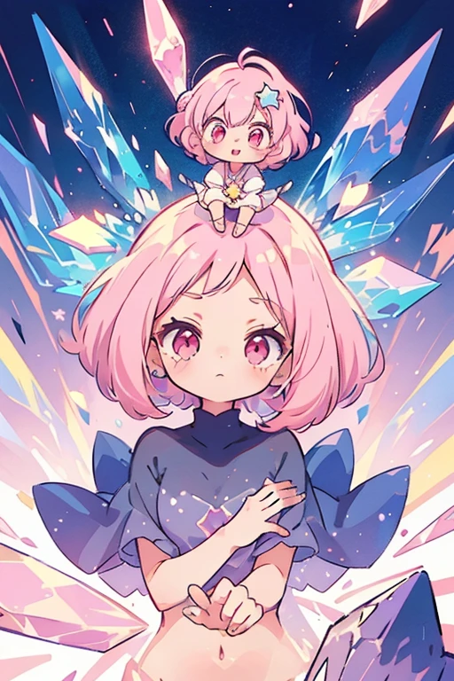 1 small girl, anime style, whole body, little, cute, short pink hair, pink eyes, pastel colors, stars, diamonds, white background, dynamic pose, dynamic composition, girl with a crystal