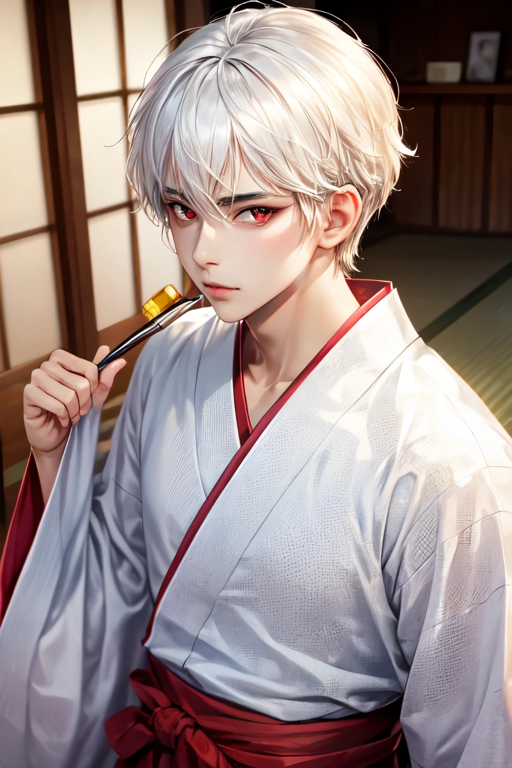 ((best quality)), ((masterpiece)), (detailed), 1male, white hair, short hair, handsome, red eyes, narrowed eyes, red yukata, looking at viewer, red eyeliner, strong facial features