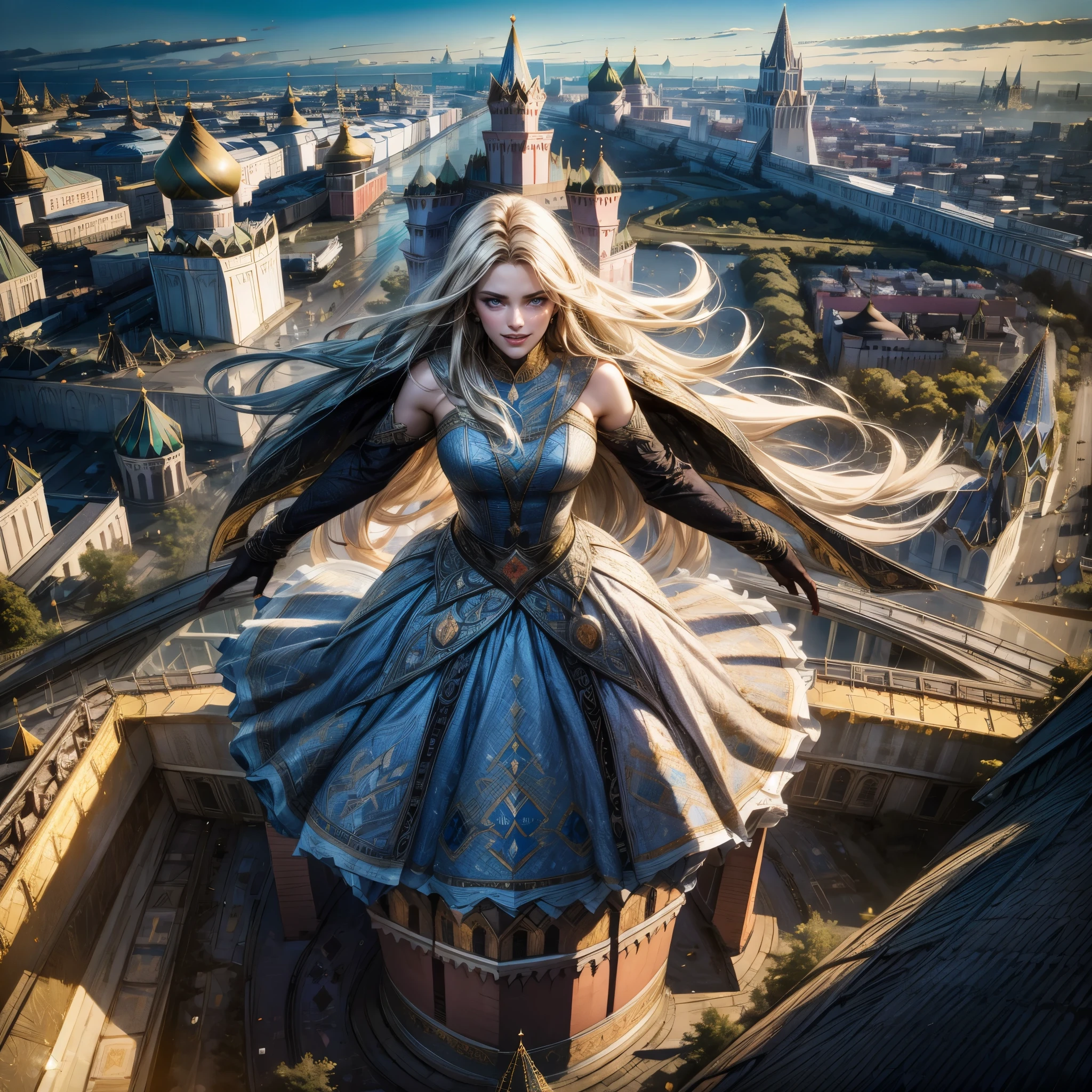 blue sky, evening light, (Aerial View of Kremlin complex of buildings:1.6), ((Beautiful woman is (Floating in the Air))), Delicate white BodySuit, (Detailed beautiful face), wide angle lens f/2.8, ultra insane high resolution intricate textures, texture indentation, perfect perspective, Geometric, in another dimension worlds, fire all around, energy fields, ((luminism)), ultra detailed busy background, tessellation, maximalism, IPA Award wining masterpiece