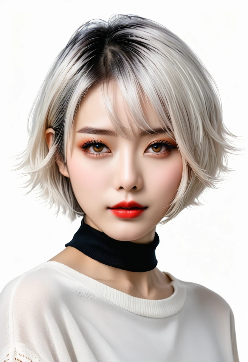 beautiful Japanese woman with short hair , white background