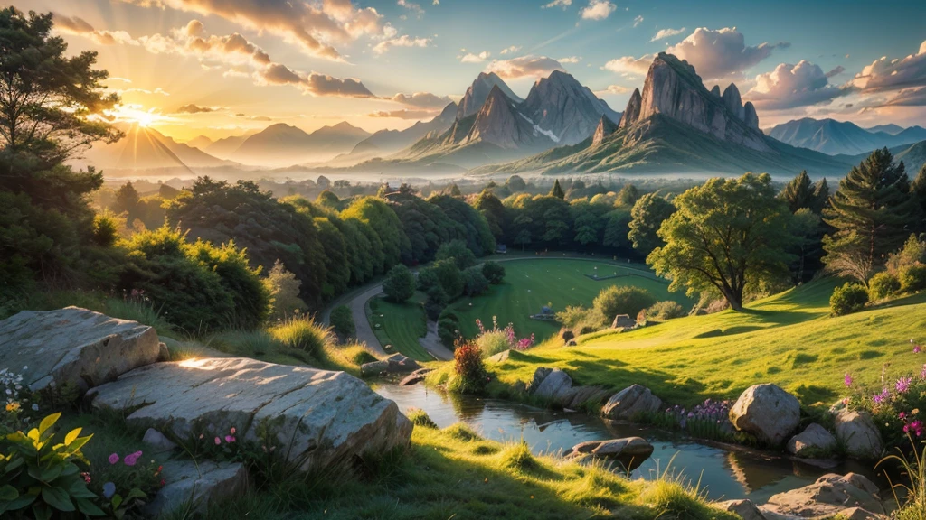 royal public park gardens in a wide valley with huge dramatic mountains in the distance,springtime,large ornamental lawns, rocks plants flowers shrubs trees moss lawns grass animals,sunrise and strong sunbeams,very hazy,extreme details,photorealistic,4k,HD,beautiful,nature, dreamy, low shot,ground level photo