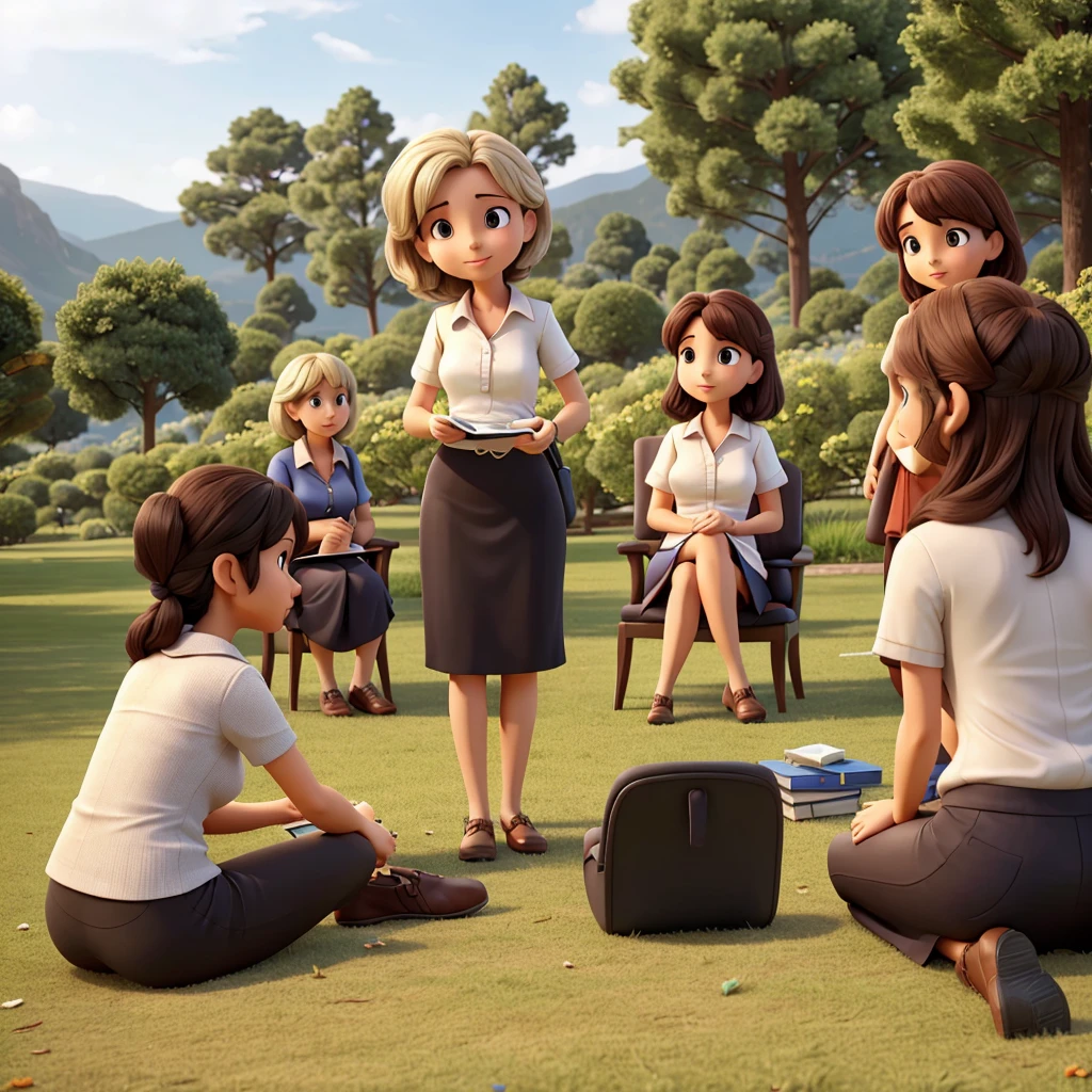 psychologist giving a talk to a group of women, sitting on the grass