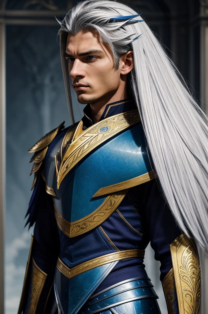majestic presence with imposing height. His hair is long and silver, with a dark blue stripe at the tips. His eyes are a deep violet, and wears light white armor with light blue and gold details.. In her back, has a series of wing-like markings.
