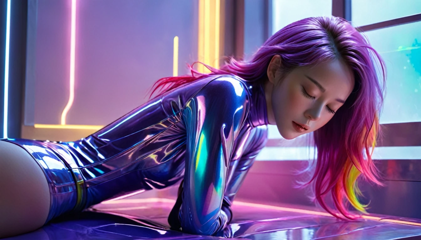 (best quality,8k,ultra-detailed:1.2),(CG,CG art,3D rendering),(masterpiece:1.2),(Crawling on the table),(tight latex Suit ),(movie lighting) ,futuristic),(woman lying in bed,sleeping,closed eyes),(large window behind her,tranquil night),(colorful hair:1.5)