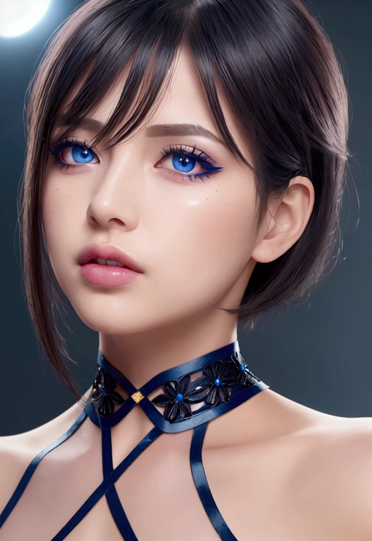 (canon 50),(Rendered by Octane),8k, seducer, symmetrical face, Dramatic cinematic lighting, (very strong blue lighting from behind), (light orange glow on the left side, Dramatic +2, hyperrealisti, witty, very sexy pose. 1womanl, detail on the face, eyes large, feline eyes 1:4, no feline ears, focus on the face, straight short hair, bangss, hyperrealistic eyes, Blue color background, highlight on lips that show fissures, lips with pink lipstick, mouth half open showing part of the tooth. Eye makeup with black eyeliner.
