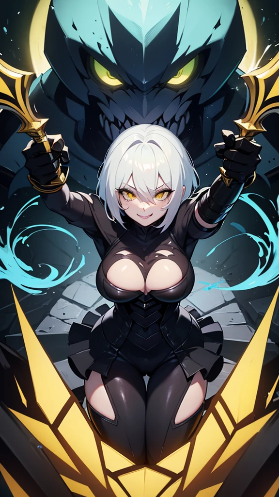 League of legends character riven in venom suit, white hair, yellow eyes, black suit, black bunny suit, venom suit, looking to the camera, smile, holding the camera, sexy body, tongue out, hentai face, hentai expression, hentai tongue, holding big sword, riven league of legends, Riven noxus,