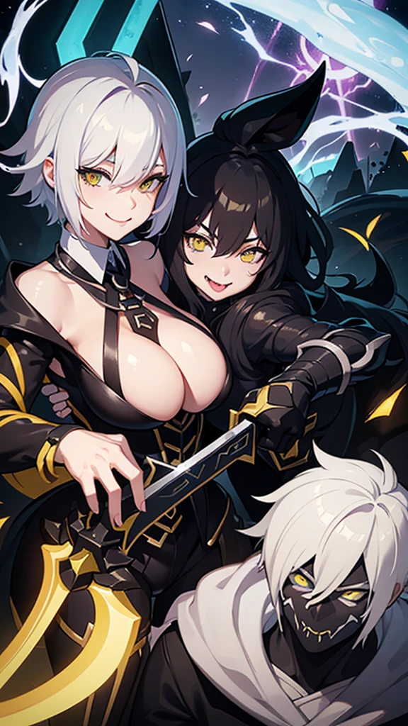 League of legends character riven in venom suit, white hair, yellow eyes, black suit, black bunny suit, venom suit, looking to the camera, smile, holding the camera, y body, tongue out, hence, hentai exon, hentai tongue, g big sword, riven league of legends, Riven noxus,