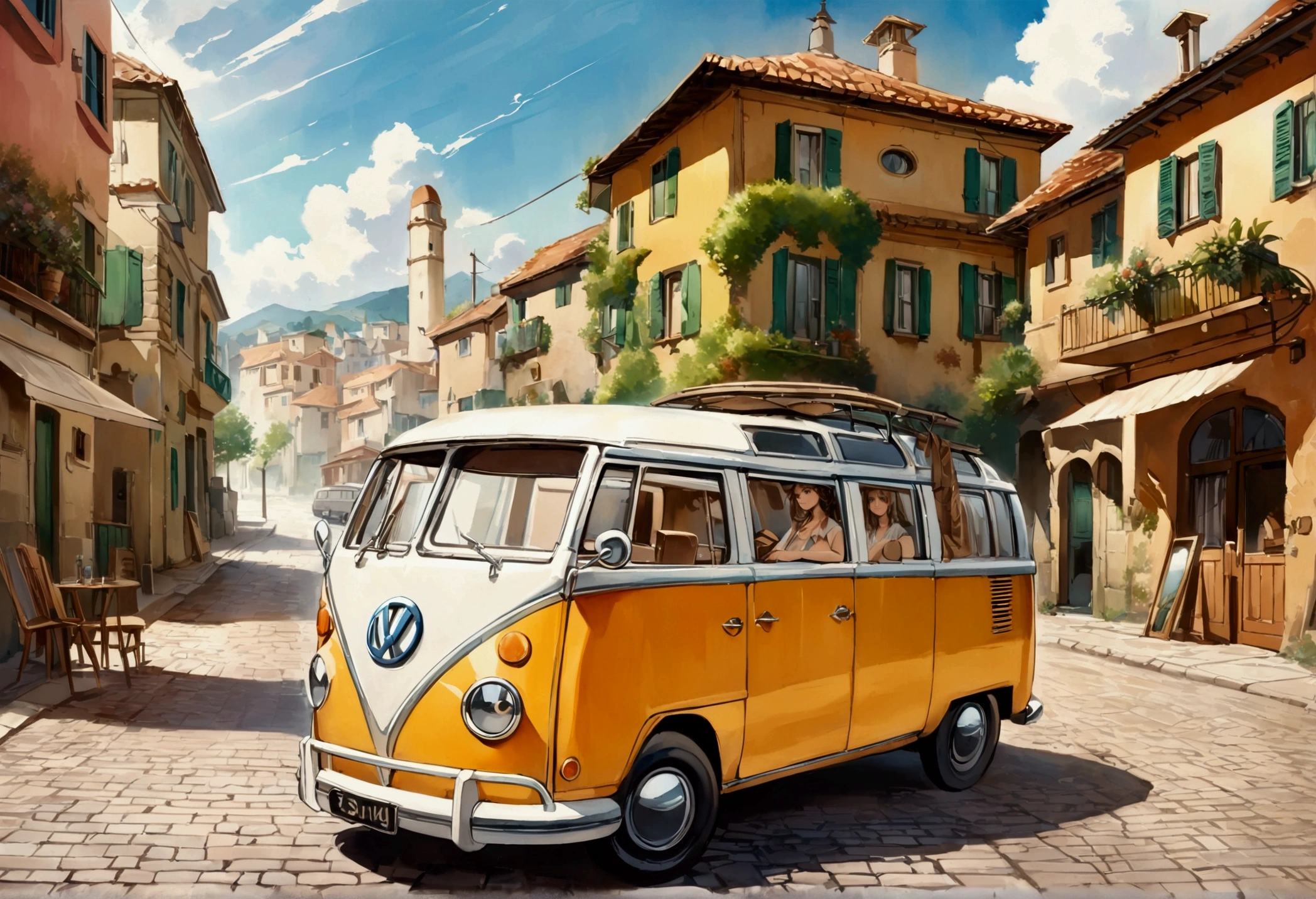 A picture of a van parked on a cobblestone street near the building., The only VW bus on the road, beautiful retro art, by Bencho Obreshkov, Colourful and detailed, 8k)), happy italian beach scene, Watercolor style, super Realistic painting style, Detailed 4K painting, Realistic painting style, Awesome Wallpapers,There is no one,Only one car、masterpiece