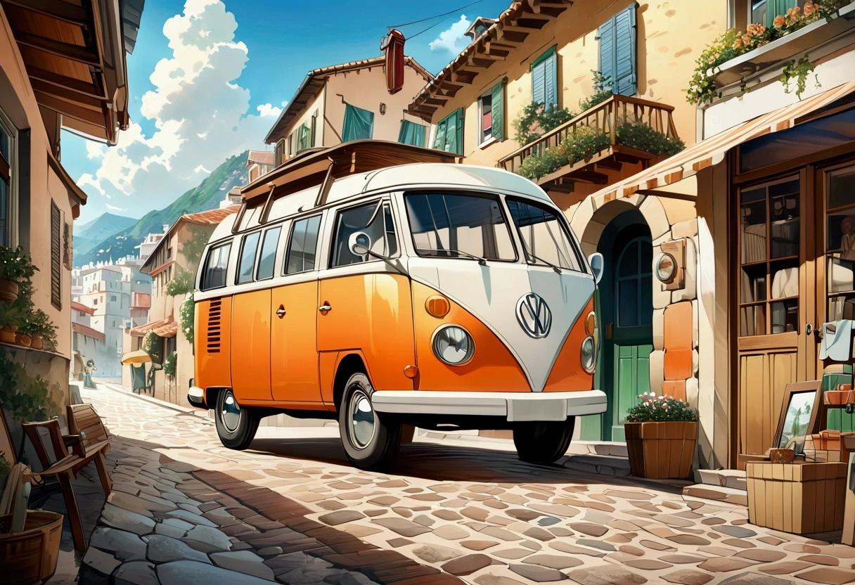 A picture of a van parked on a cobblestone street near the building., The only VW bus on the road, beautiful retro art, by Bencho Obreshkov, Colourful and detailed, 8k)), happy italian beach scene, Watercolor style, super Realistic painting style, Detailed 4K painting, Realistic painting style, Awesome Wallpapers,There is no one,Only one car、masterpiece