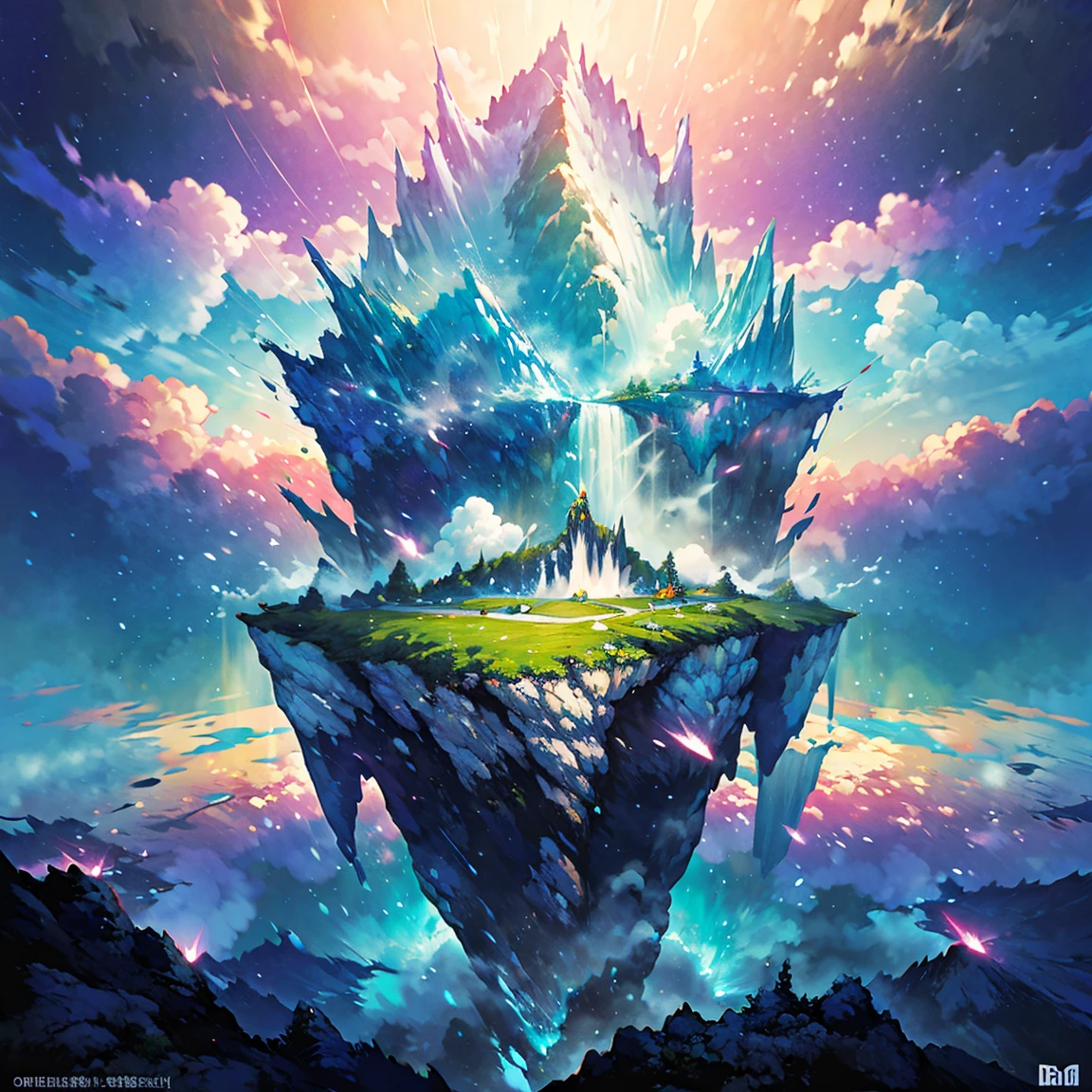 Visualize enchanting scenes from the magnificent world of romantic dreams. There are complex floating islands all around., Fluffy Clouds, Waterfall from a floating island, And vibrant, Surreal atmosphere. The atmosphere is mysterious and tranquil. Along with other vibrant gemstone tones、Include lots of pink tones in the image. This scene is depicted in anime-style illustrations., With smooth lines, Core Pastel, And a quirky touch. All the buildings are very elaborate and elegant.. This work、It expresses the mysterious beauty and tranquility of the dream world.。, Create a sense of harmony、Escape from the everyday world. Include Teal Water, Colorful watercolor sky, Shiny elements, And lots of little fantasy details, Includes rainbow colors, A magnificently crafted landscape, And shine and shine. More than anything, This must look like a fantasy piece of art..