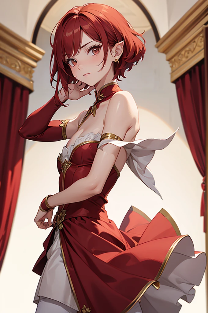 Will as a commoner, short bob "bright red" hair, brown eyes, slim body, slightly medium size-breast, slightly pointed ears dressed in a dancer outfit, personality joy, standing in a room, solo, detailed hands, high delicate defined details, sharp focus, looking at viewer,