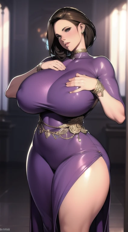 Trans woman in a super-detailed dress; the colors of the dress are purple and yellow; her thick, large cock protrudes from her pelvis; (giant breasts: 1.2), (narrow waist: 1.2); feminine details on her face and breasts; rounded ass, curved hips; seductive and erotic position; the neckline of the dress reveals her large breasts; masterpiece (photorealistic), (ultra-detailed) 8k, UHD