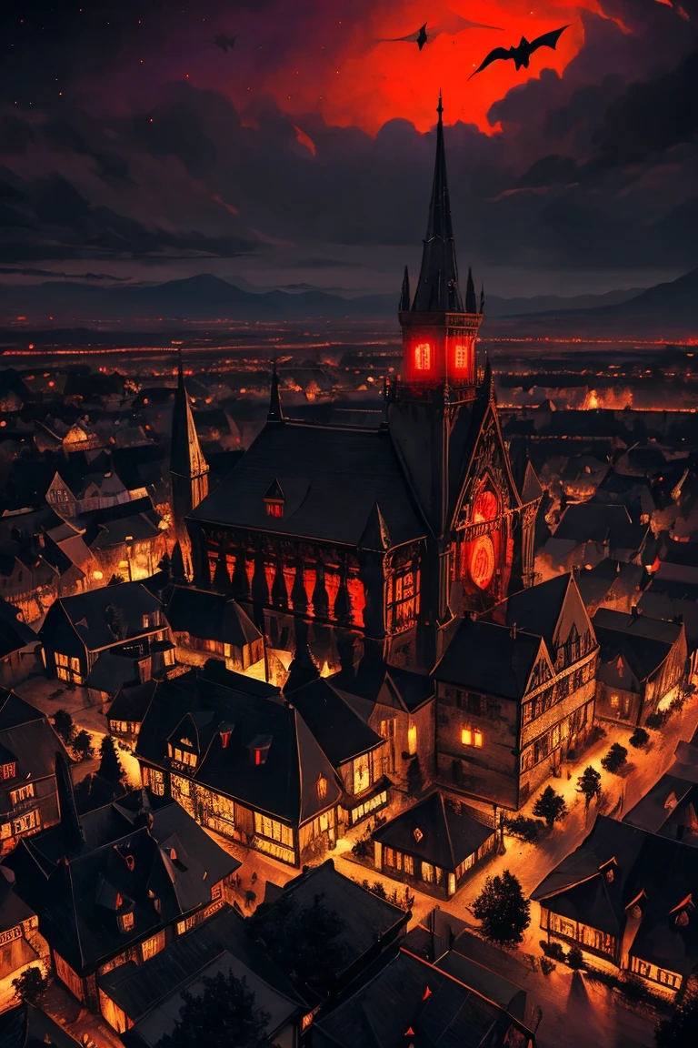 old European village shot with bird view, (Red glowing eyes), masterpiece, Depth of written boundary, Lutz, Gwaites style artwork, Gothic aesthetics, Dark Vampire village, ((in the dark gothic style cathle:1)), ((dark mid-night time:1.5)),