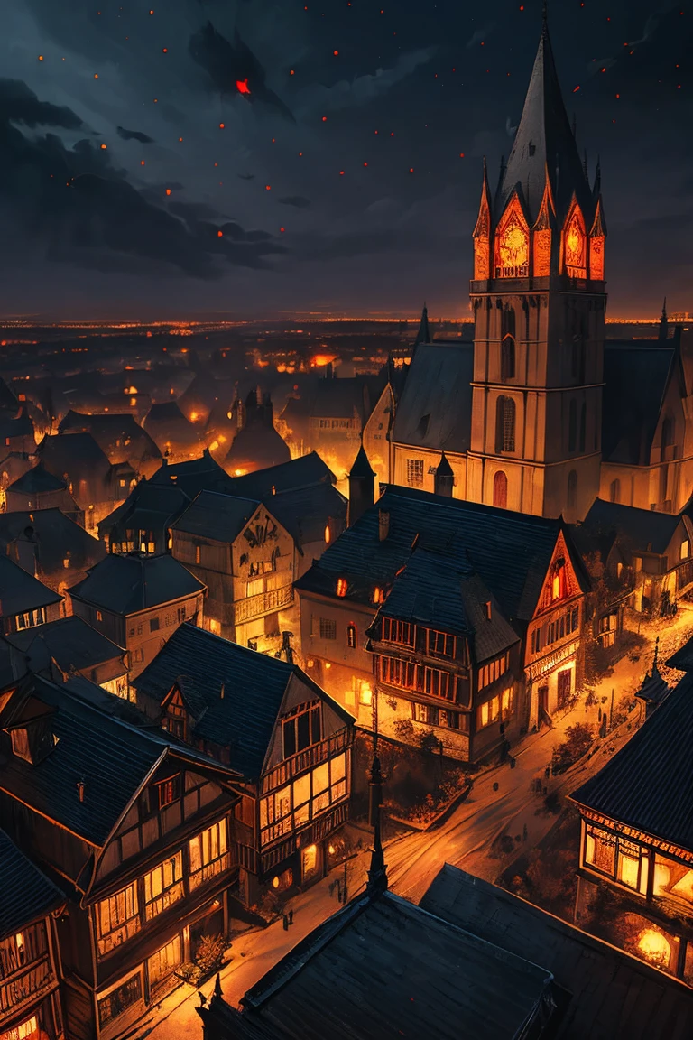 old European village shot with bird view, (Red glowing eyes), masterpiece, Depth of written boundary, Lutz, Gwaites style artwork, Gothic aesthetics, Dark Vampire village, ((in the dark gothic style cathle:1)), ((dark mid-night time:1.5)),