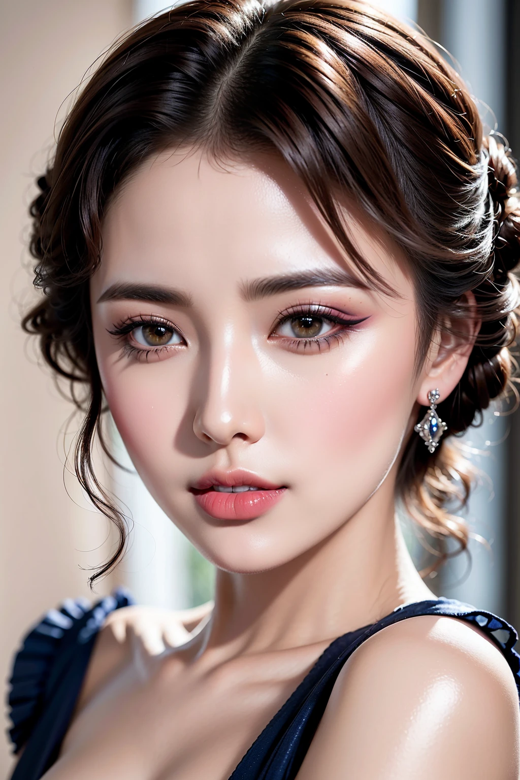  photorealism 16K realism, (Hyper-realistic proportional body, anatomically correct:1.3), ((ultra-fine digital art)), ((intricately detailed beautiful face)), (light pale complexion), BREAK, (small round head)),(high detailed realistic Super beautiful slim and sharp-face), (best highest detailed realistic black_eyes:1.28), ((super realistic sharp-eyes:1.2)), (tired and sleepy and satisfied:0.0), (close up of a woman's eyes), perfect round eyes, finely detailed pupils,BREAK,detailed lips:1.3,pink_makeup:1.22, (long_blue_eyeliner:1.28), (red_lipstick:1.35), ((perfect dark_eyeshadows:1.4)), (super detailed professional makeup on eyes:1.3), (Detailed nose:1.2), (best high quality real texture skin:1.3), stunning beautiful girl, 25 yo, detailed skin, beautiful shinning long luscious hair, strands of hair flaoting in air, hair updo, hair, delicate facial features, detailed glossy eyes and pupils, detailed shinning natural hairs, detailed sharp nose, detailed white glistening teeth, perfect symmetrical face, detailed natural perfect breasts, graceful pose, soft lighting, artistic painting, vibrant colors, ethereal atmosphere, mesmerizing gaze, flawless complexion, enchanting beauty, surreal background, solo, looking at viewer, bangs, (beautiful modern fashionable designer yellow,blue and red combination dress), earrings and necklace, cute smile, upper body, indoors, frills, night time, perfect lighting, luxurious living room, sofa, lots of colourful flowers,looking at the viewer, lips, 