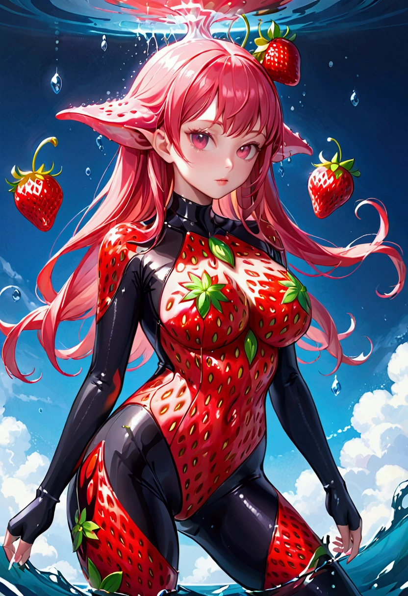 Strawberry alien with strawberry-like skin wetsuit, big breasts
