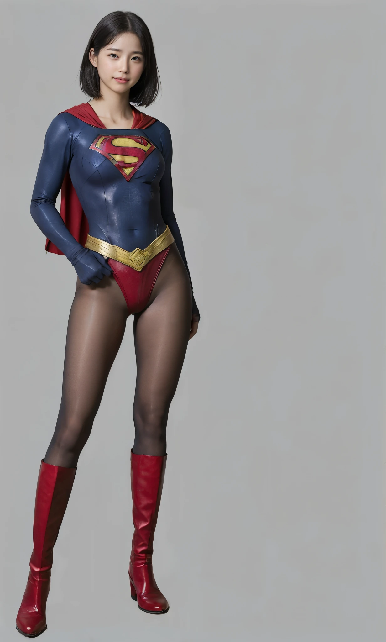 No background、(((Beautiful legs in black tights.)))、(((Legally express the beauty of your smile)))、((((Make the most of your original images)))、(((Supergirl Costume)))、(((Beautiful very short hair)))、(((suffering)))、(((Please wear black tights....、Wear red boots)))、((Best image quality、8k))、((Highest quality、8k、masterpiece:1.3))、(((Preserve background )))、Sharp focus:1.2、Beautiful woman with perfect figure:1.4、Slim Abs:1.2、Wet body:1.5、Highly detailed face and skin texture、8k