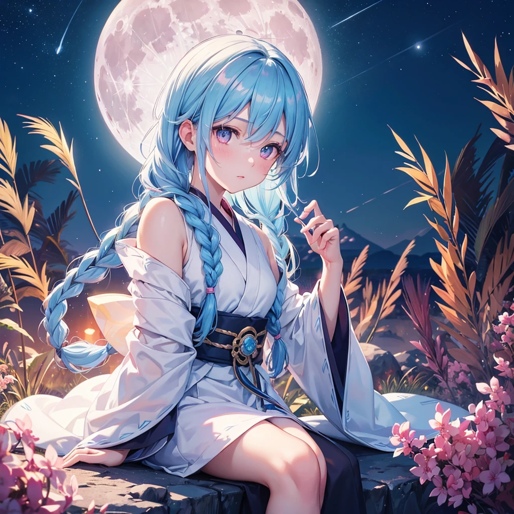 Sky blue hair, (Braided medium hair:1.2), Pink eyes,Fair skin ,(whole body),(One Girl),(White sweet dumplings ),White round dumplings,Japanese pampas grass,(beautiful, Full moon shining in the night sky),(masterpiece, Highest quality, Very detailed, Best Shadow), (Detailed Background), (Beautifully detailed face), High Contrast, (Best lighting, Very delicate and beautiful), ((Cinematic Light)), colorful, Hyper Detail,8k, Dramatic Light, Intricate details,Sit and look at the moon,