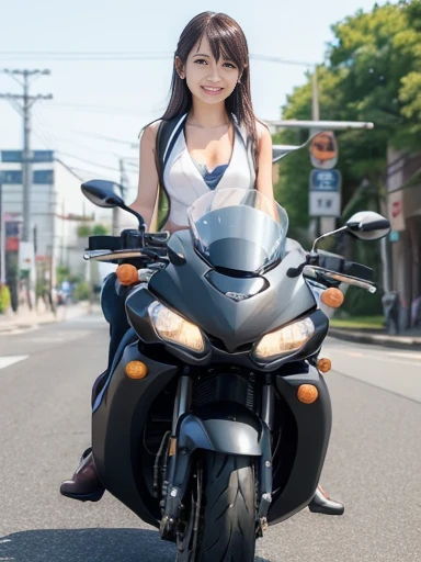 Japanese female, (underweight), (flat chest best quality:1.5), (cheerful grin:1.1), Japanese big city, Kawasaki motorcycle, ((woman riding a motorcycle))