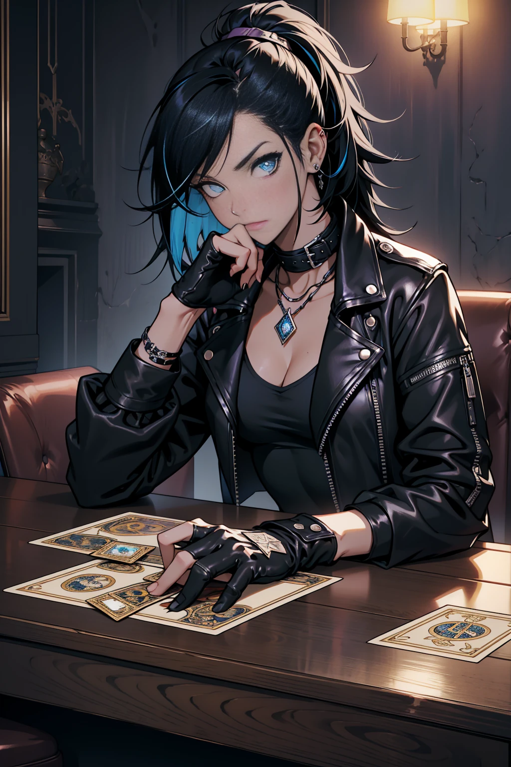 Goth girl, 1girl, solo, punk hair style, messy medium hair, black hair with a blue streak, blue eyes, clear skin, wearing make-up, medium breasts, wearing a black leather jacket, wearing a small white top, black fingerless gloves, holding a deck of tarot cards, sitting at table, dim lighting, night time, inside a nightclub, tarot cards on table