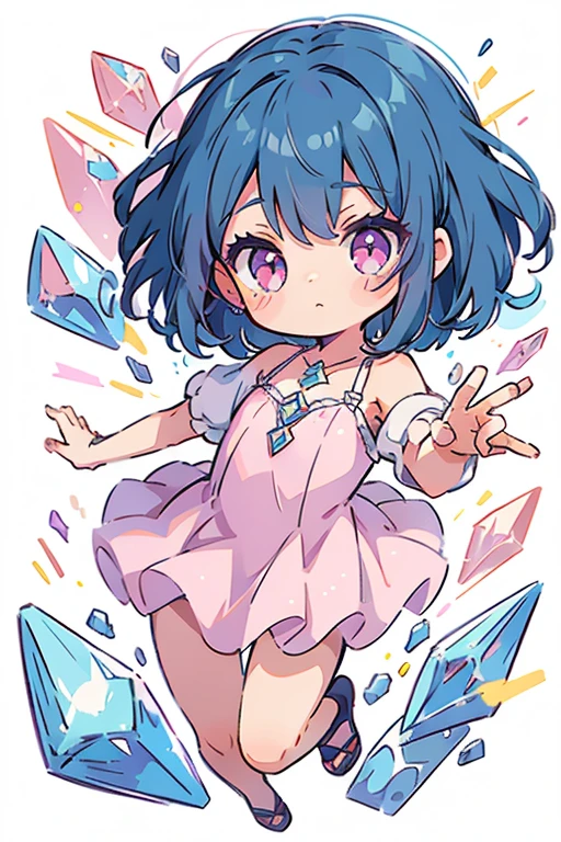 1 small girl, anime style, whole body, little, cute, short blue hair, pink eyes, pastel colors, stars, diamonds, white background, dynamic pose, dynamic composition, girl with a crystal